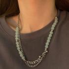 Beaded Layered Chain Necklace Pale Green Beads - Silver - One Size