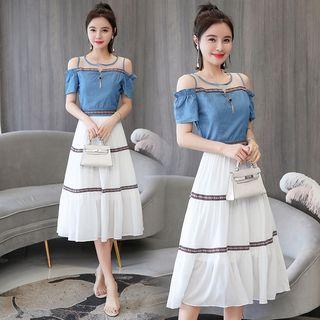 Elbow-sleeve Cold Shoulder Denim-panel A-line Dress