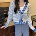 Lettering Embroidered Striped Cardigan Stripe - Blue & White - One Size