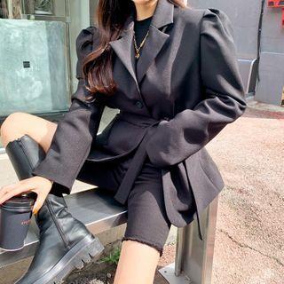 Single-breasted Puff-sleeve Jacket With Sash