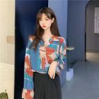 Long-sleeve Printed Shirt / Wide-leg Pants / Spaghetti Strap Top