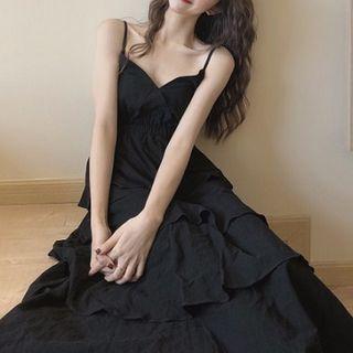 Plain V-neck Spaghetti Strap Midi Tiered Dress Black - One Size