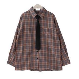 Long-sleeve Plaid Shirt / Tie / Set