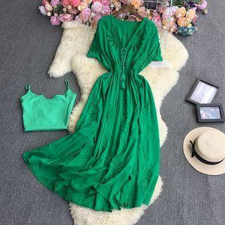 Set: Short-sleeve Lace Trim Midi A-line Dress + Camisole Top