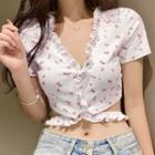 Short Sleeve V-neck Floral Print Ruffled-trim Cut-out Crop Top