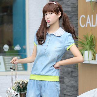 Flower Embroidered Lace Collar Short Sleeve Polo Shirt