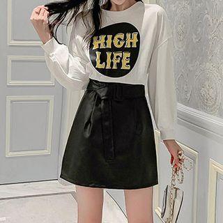 Set: Printed Long-sleeve T-shirt + A-line Skirt