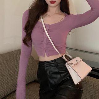 Long-sleeve Cropped Shirred T-shirt