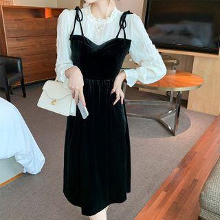 Bell-sleeve Lace Trim Velvet Panel Mock Two-piece Dress