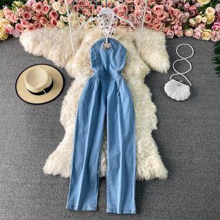 Halter-neck Denim Wide-leg Jumpsuit