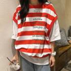 Mock Two-piece 3/4-sleeve Striped T-shirt