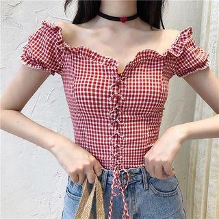 Short-sleeve Frill Trim Gingham Lace-up Top