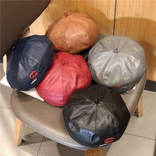 Embroidered Lips Faux Leather Beret Hat