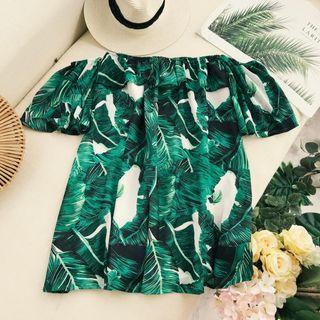 Short-sleeve Off Shoulder Leaf Print Beach Dress