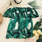 Short-sleeve Off Shoulder Leaf Print Beach Dress