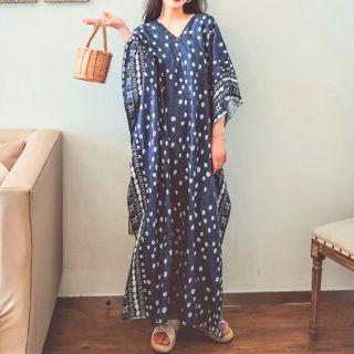 V-neck Print Maxi Shift Dress Blue - One Size