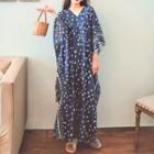 V-neck Print Maxi Shift Dress Blue - One Size