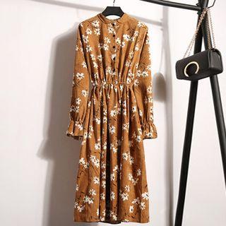 Long-sleeve Buttoned Floral Print A-line Midi Dress