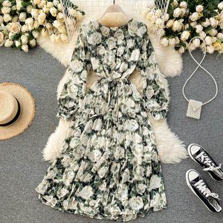 Square-neck Lace-up Strap Chiffon Floral Dress