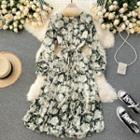 Square-neck Lace-up Strap Chiffon Floral Dress