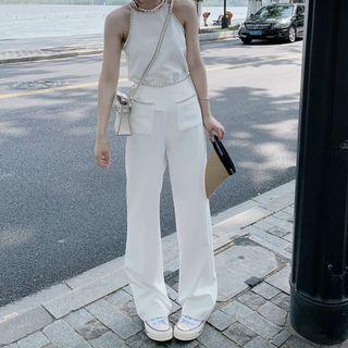 Faux Pearl Halter Top / Chain Detail Wide Leg Pants