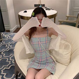 Plaid Spaghetti-strap Dress / Plain Cardigan