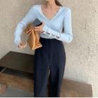 V-neck Button-up Knit Top / Wide-leg Dress Pants