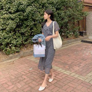 [cle.] Floral Chiffon Long Wrap Dress Navy Blue - One Size