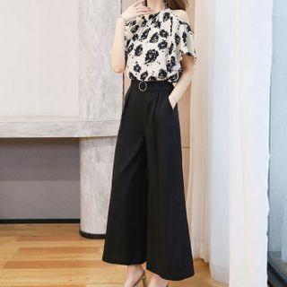 Set: Print Cold-shoulder Top + Wide-leg Pants