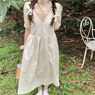Short-sleeve Floral Print Blouse / Sleeveless Plain Midi A-line Dress