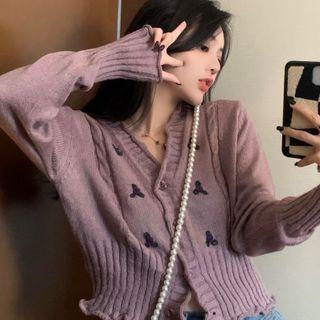 Embroidered Frill Trim V-neck Cardigan