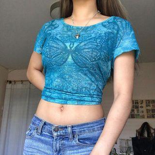 Short-sleeve Crew Neck Butterfly Print Crop Top
