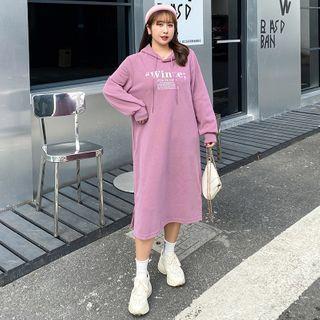 Lettering Print Midi Drawstring Hoodie Dress