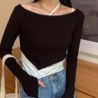 Set: Asymmetrical Camisole Top + Long-sleeve Cropped T-shirt Top - Black - One Size / Camisole - White - One Size