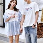 Couple Matching Short-sleeve Lettering T-shirt / Elbow-sleeve Plaid Panel T-shirt