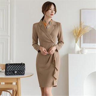 Padded-shoulder Ruffle-trim Dress