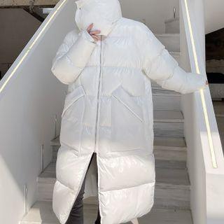 Stand Collar Padded Hooded Zip-up Long Coat