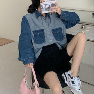 Long-sleeve Two-tone Loose-fit Denim Shirt Blue - One Size