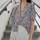 Short-sleeve Floral Print Shirt Floral - Purple & Blue & Yellow - One Size