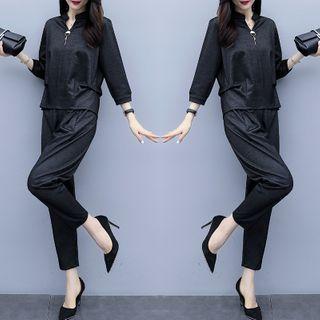 Set: Split-neck Blouse + Cropped Dress Pants