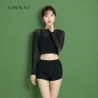 Set: Plain Bikini Top + Swim Shorts + Long-sleeve Top