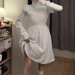 Turtleneck Sweater / Bow Fluffy Overall Dress