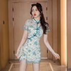 Set: Short-sleeve Floral Lace Mini Qipao Dress + Shorts