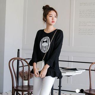 Ruffle Drapped Shirring 3/4 Sleeve Top
