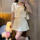 Square Neck Cropped Blouse / Pleated Mini A-line Skirt