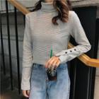 Mock-neck Button-detail Long-sleeve Striped Top