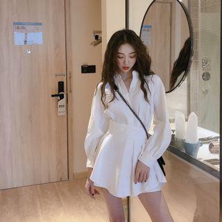 Long-sleeve Plain Shirt + High-waist Plain Shorts Shirt - One Size