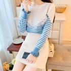 Long-sleeve Lace Trim Color Block Knit Top / A-line Mini Skirt / Set