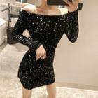 Off-shoulder Glitter Velvet Dress Black - One Size