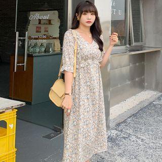 Short-sleeve V-neck Ruffled  Floral Dress